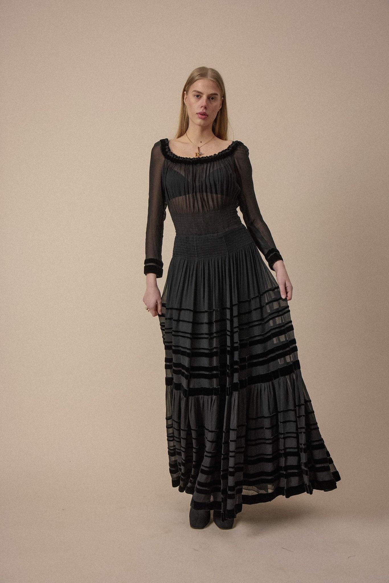 1930s Sheer & Velvet Panel Gown - WILDE