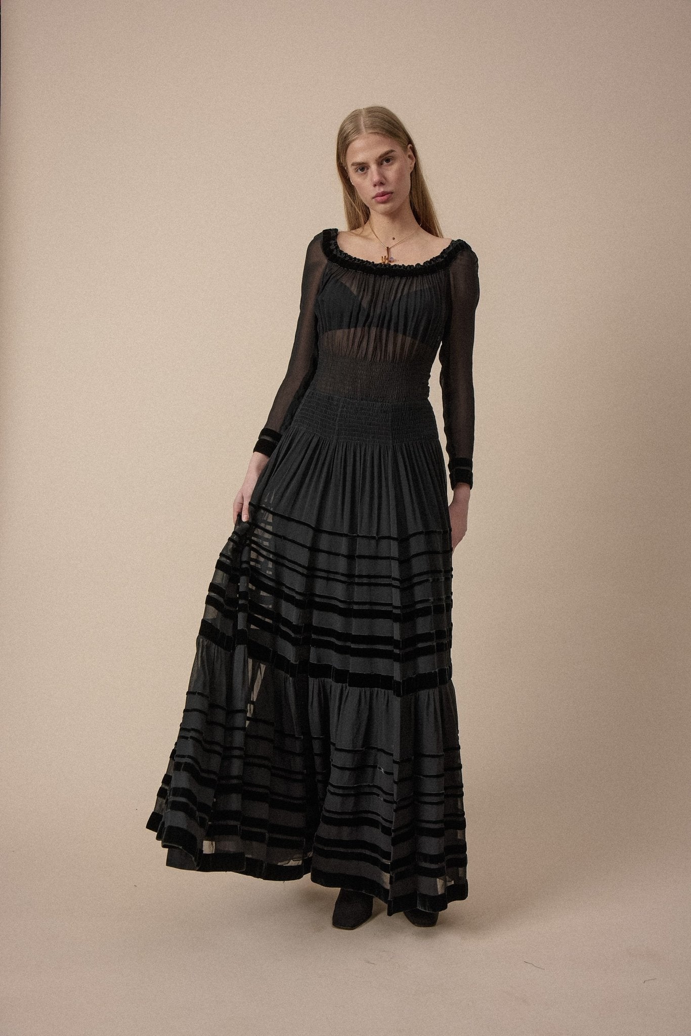 1930s Sheer & Velvet Panel Gown - WILDE