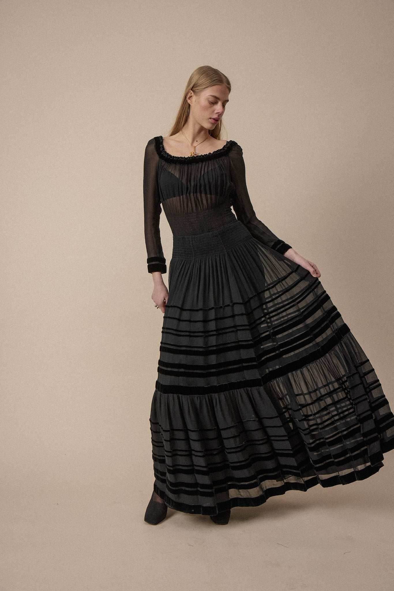 1930s Sheer & Velvet Panel Gown - WILDE