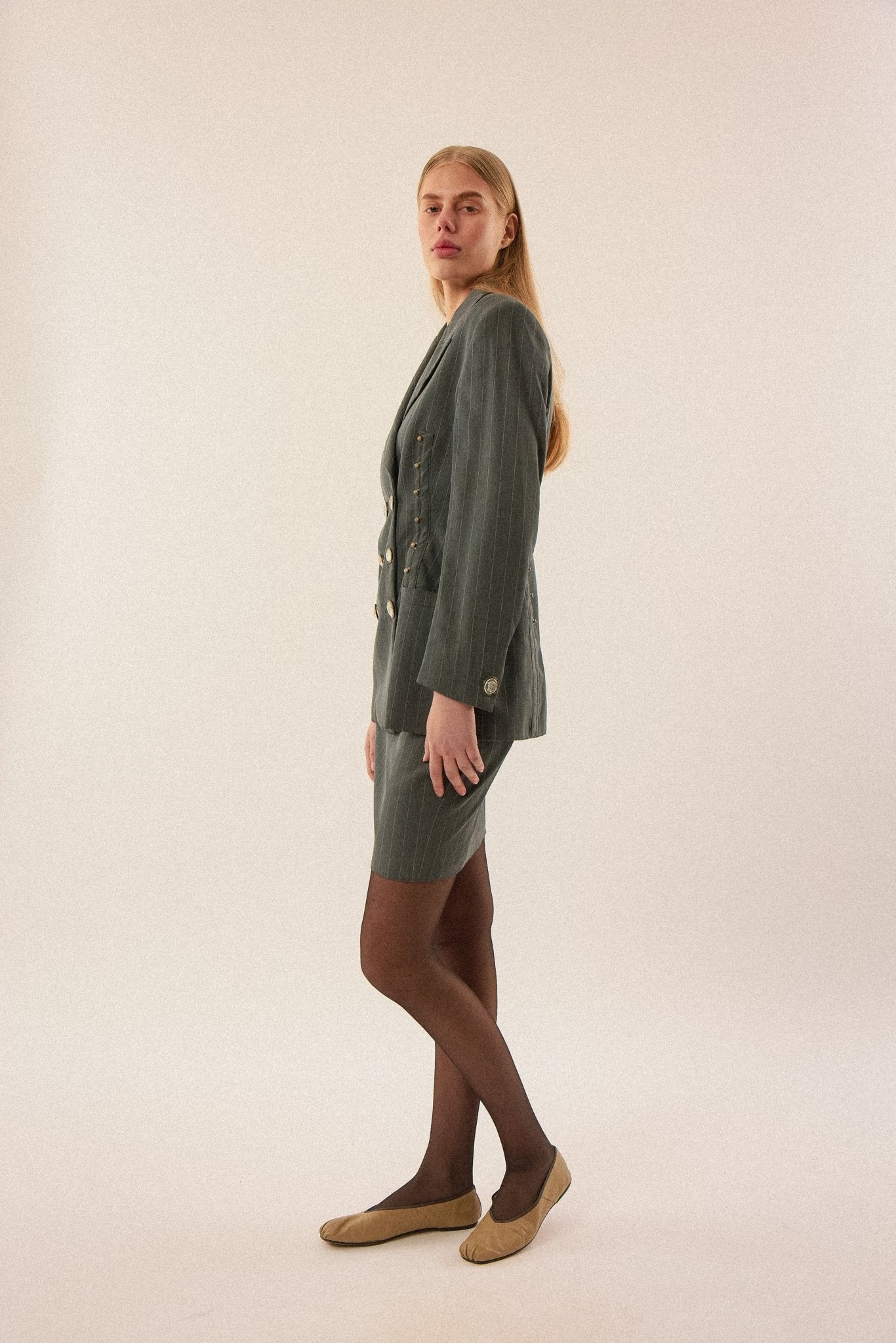 Versace SS95 Pinstripe Skirt Set with Medusa Buttons - WILDE