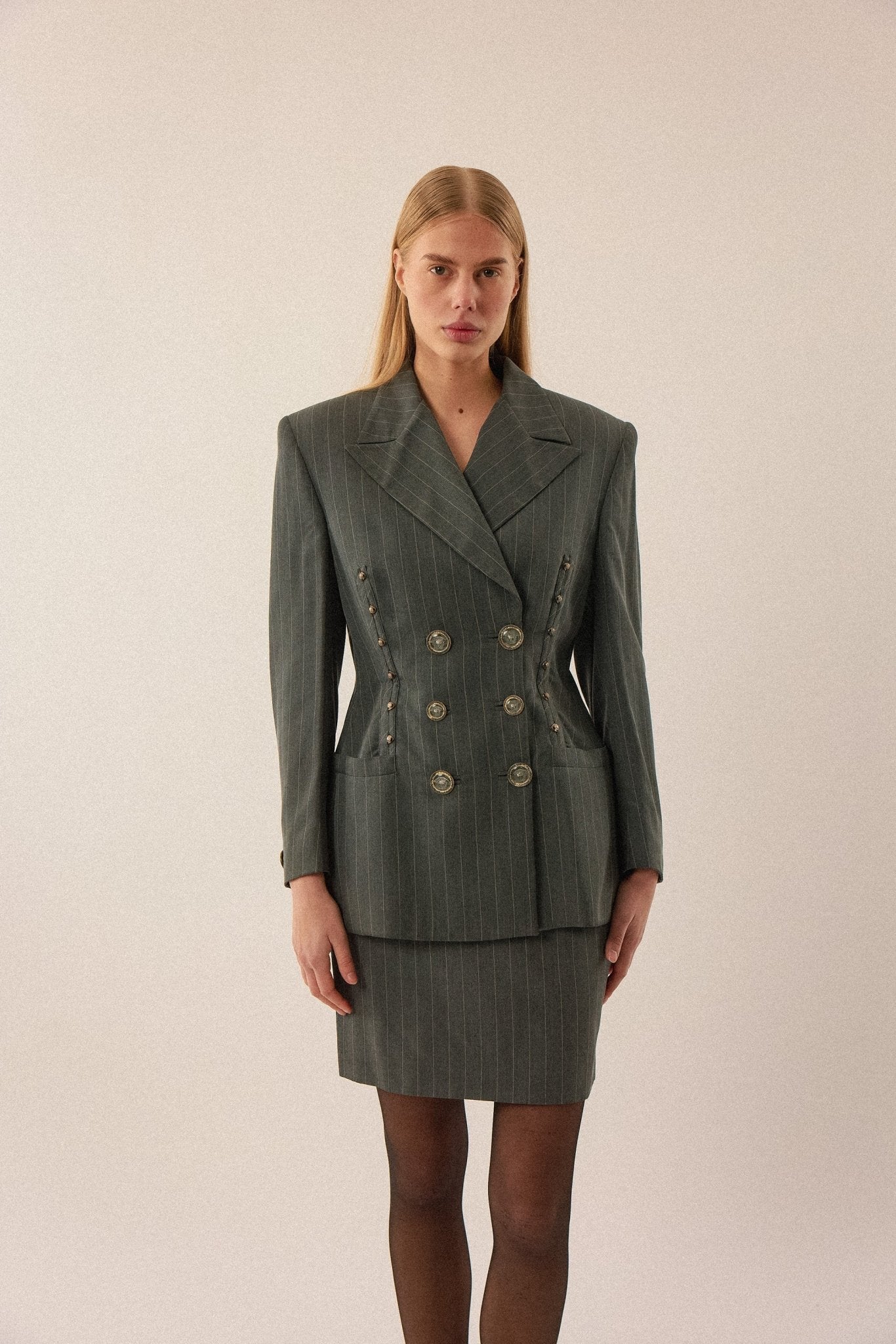 Versace SS95 Pinstripe Skirt Set with Medusa Buttons - WILDE