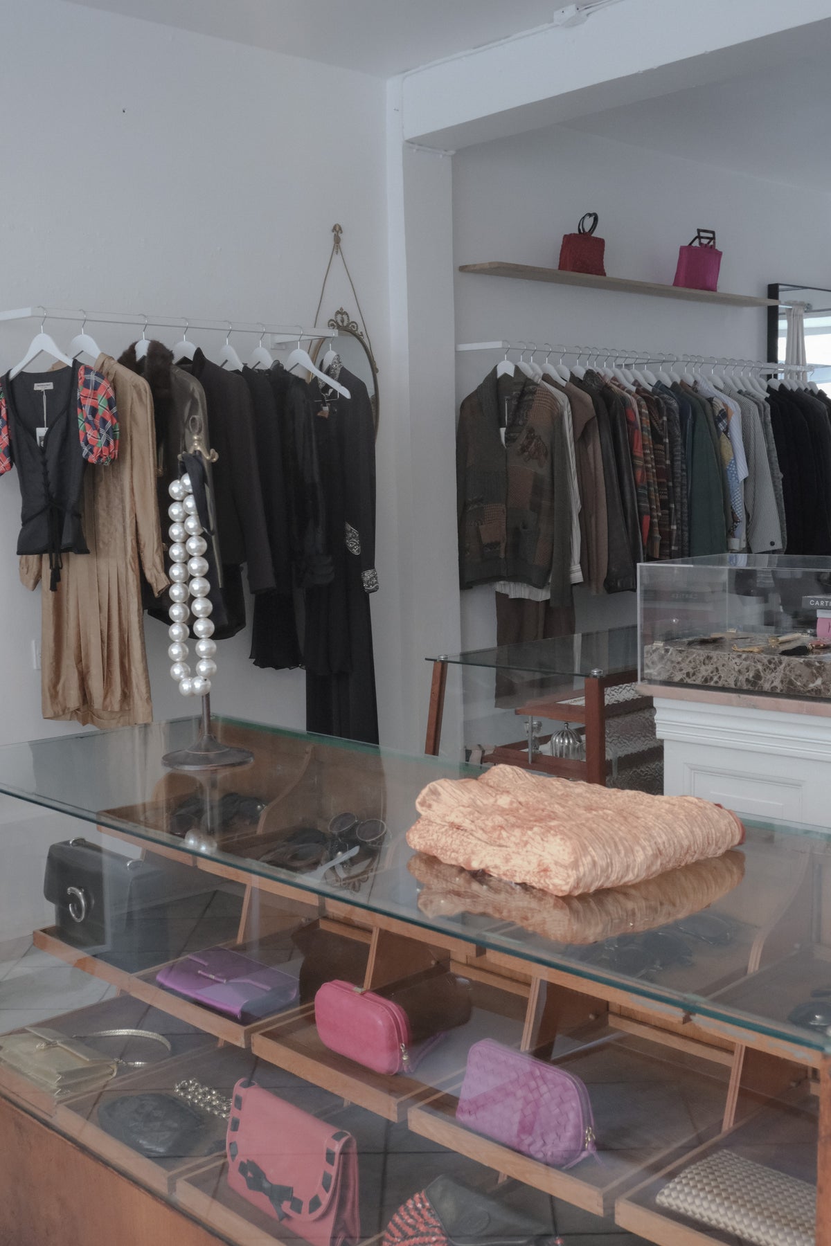 Interior of vintage and designer clothes, bags and accessories at WILDE Copenhagen, Vintage Boutique, Copenhagen