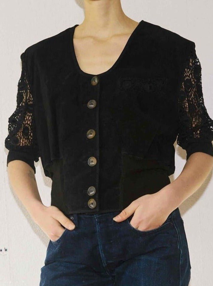 Black crochet sleeve suede top - WILDE