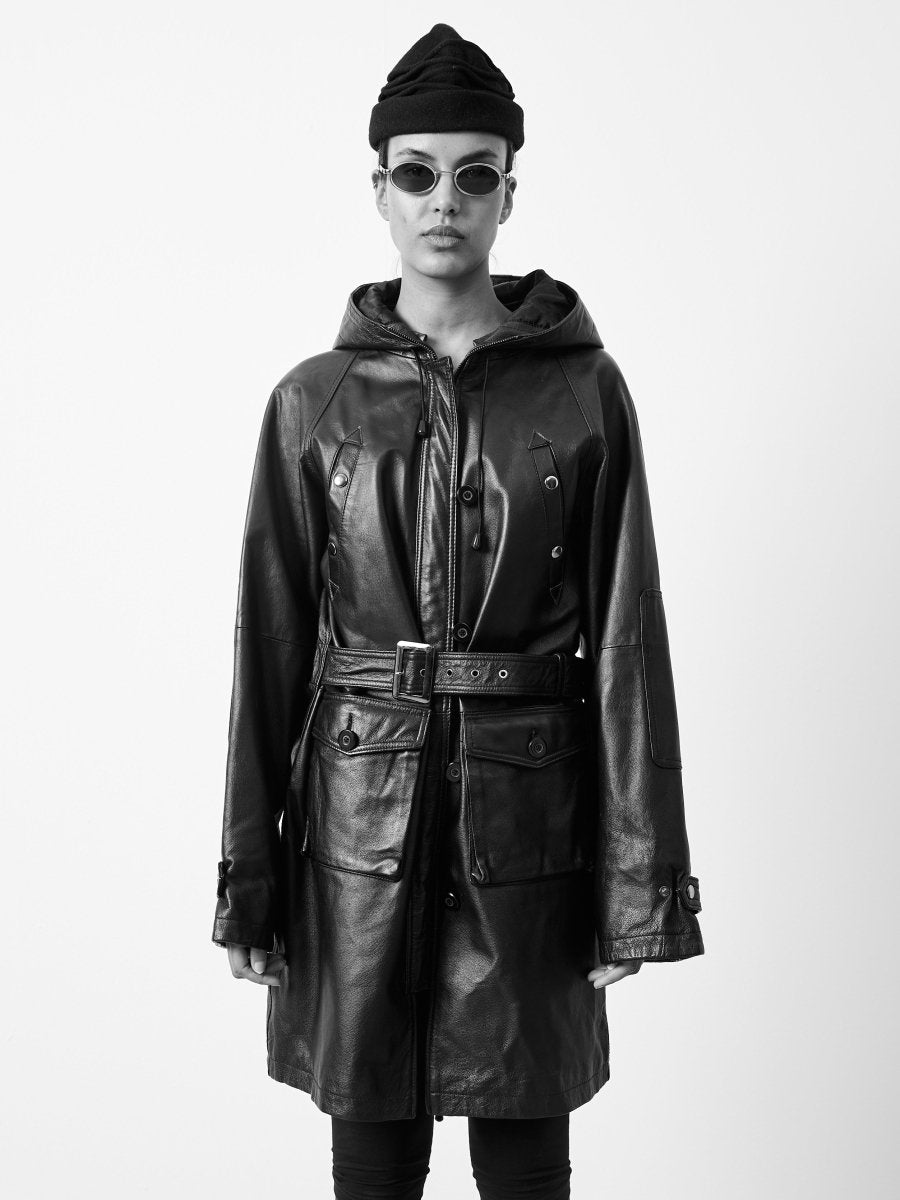 Premium black leather hood coat - WILDE