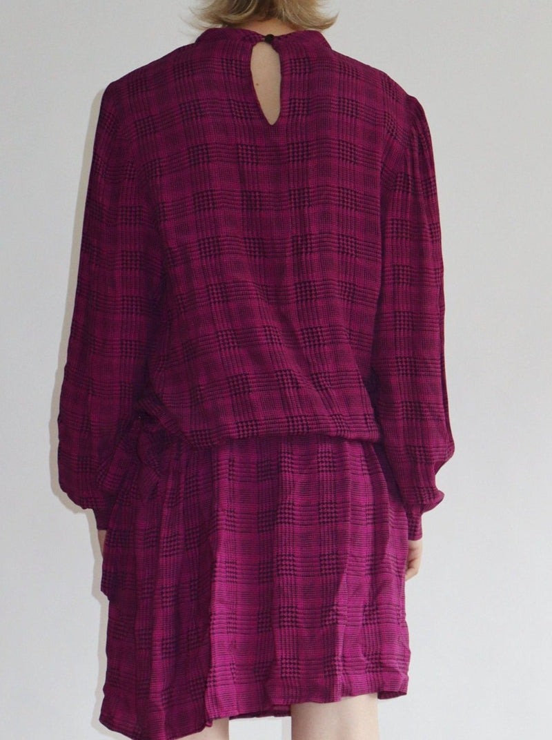 Lined purple plaid shift dress. Belted with a mock turtle neck collar, lined with a soft silhouette.  All the items we sell are authentic vintage and one-of-a-kind. You will receive the exact item photographed.